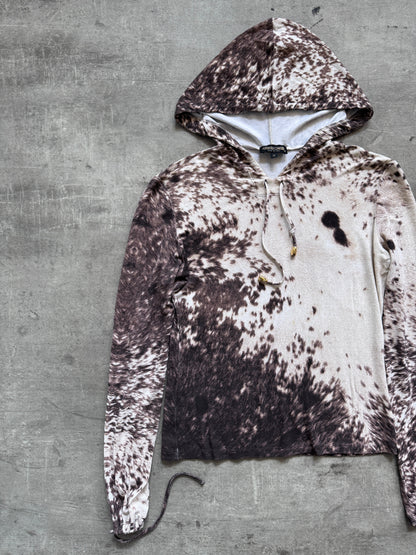 Roberto Cavalli Cowprint Hooded Lightweight LS Crop Top | Medium, Brown and White