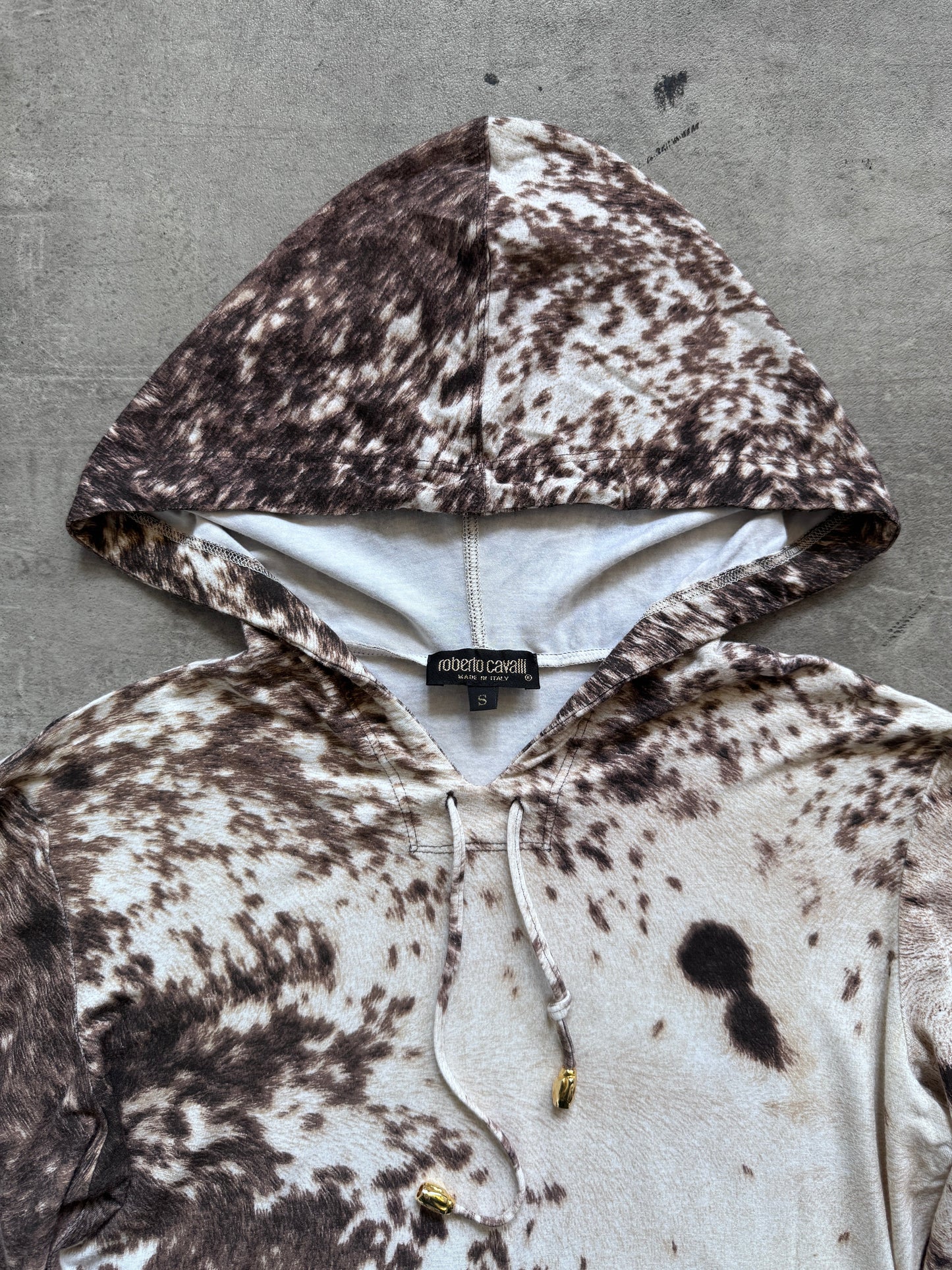 Roberto Cavalli Cowprint Hooded Lightweight LS Crop Top | Medium, Brown and White