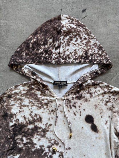 Roberto Cavalli Cowprint Hooded Lightweight LS Crop Top | Medium, Brown and White