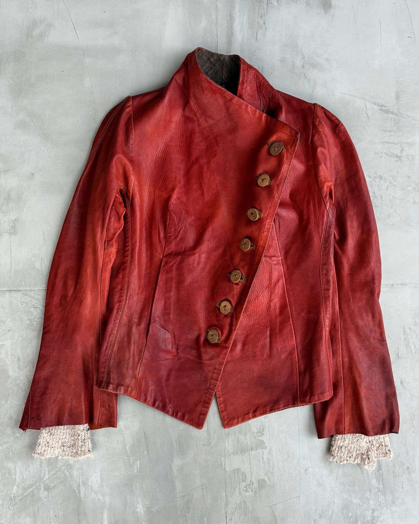 ISAAC SELLAM EXPERIENCE ASYMMETRIC RED LEATHER JACKET - M/L | M/L, Red