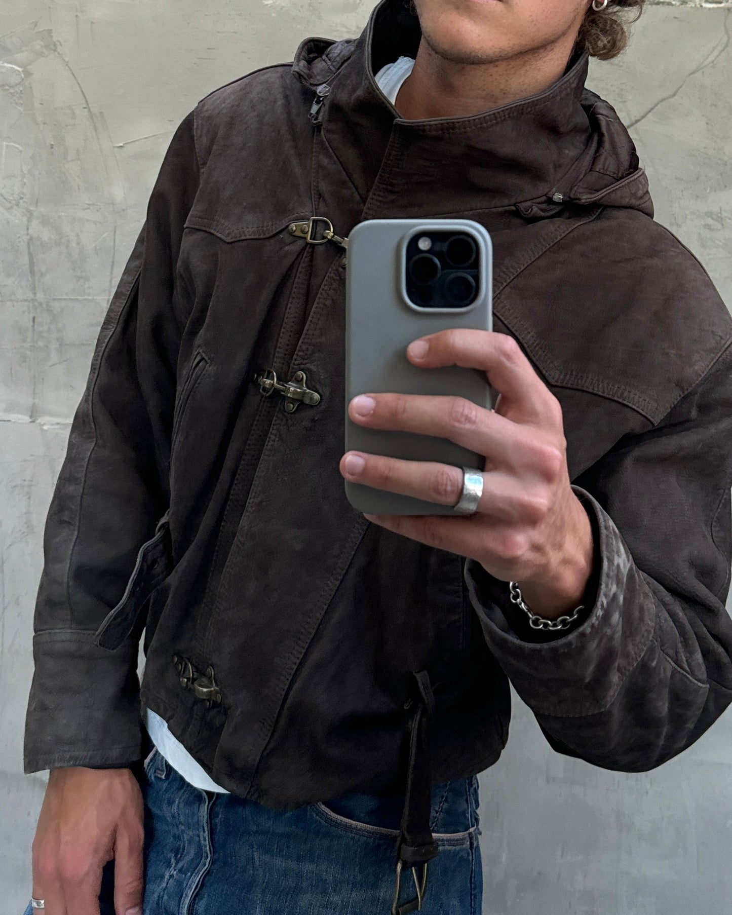 90's Fireman Clasp Hooded Leather Jacket - M