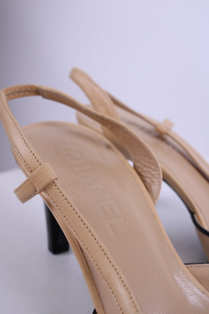 Chanel Slingback CC Bow Heels Beige/ Black 37.5 | O/S, Beige