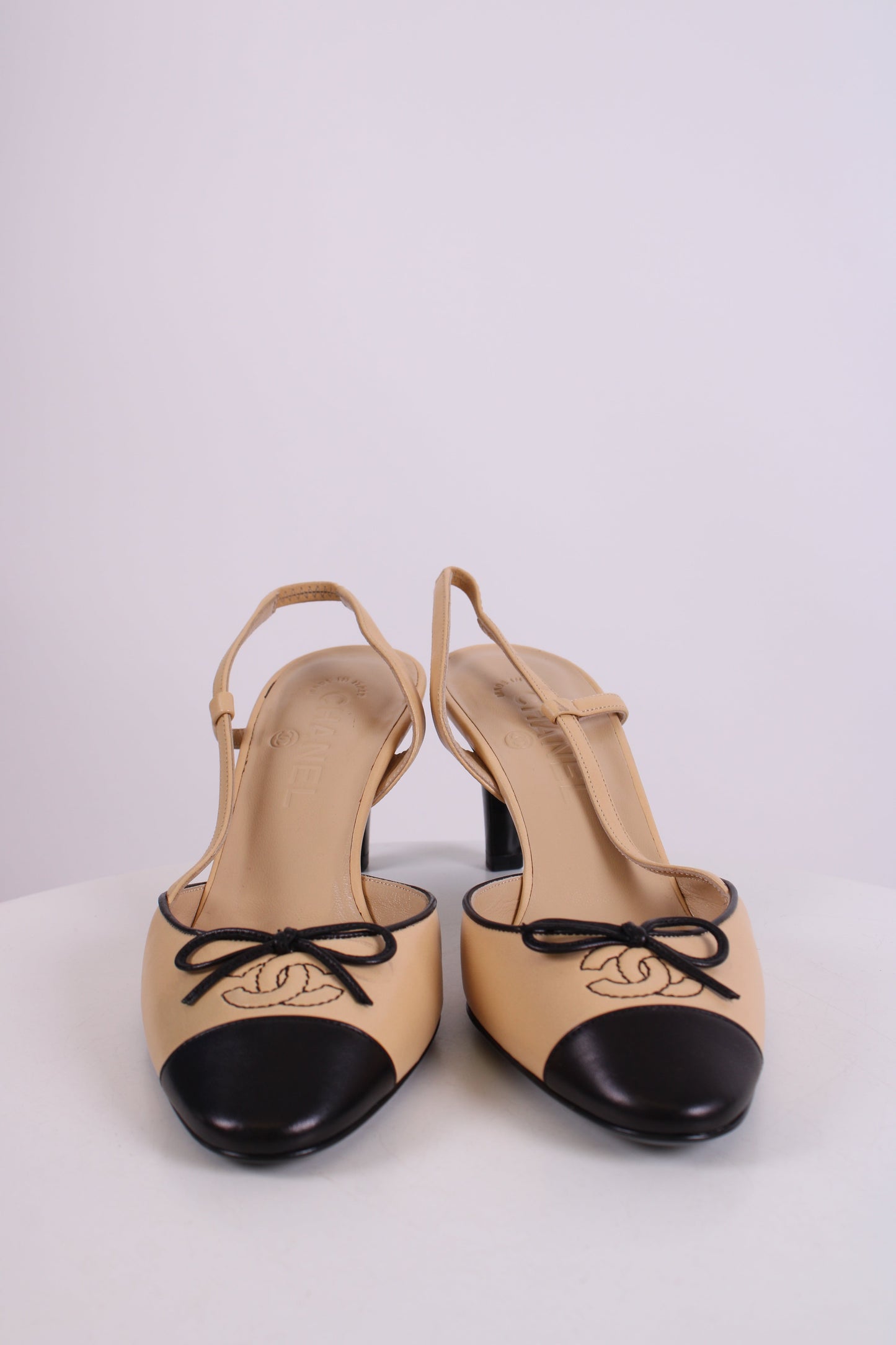 Chanel Slingback CC Bow Heels Beige/ Black 37.5 | O/S, Beige