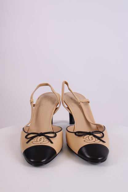 Chanel Slingback CC Bow Heels Beige/ Black 37.5 | O/S, Beige