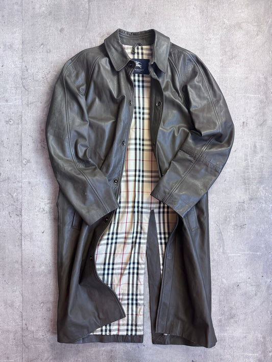 Burberry Nova Check Lined Brown Leather Trench Coat