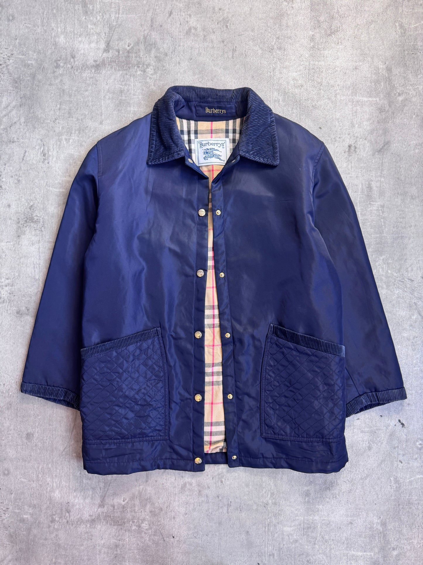 Burberry Navy Nova Check Lined Quilted Pocket Garden Jacket