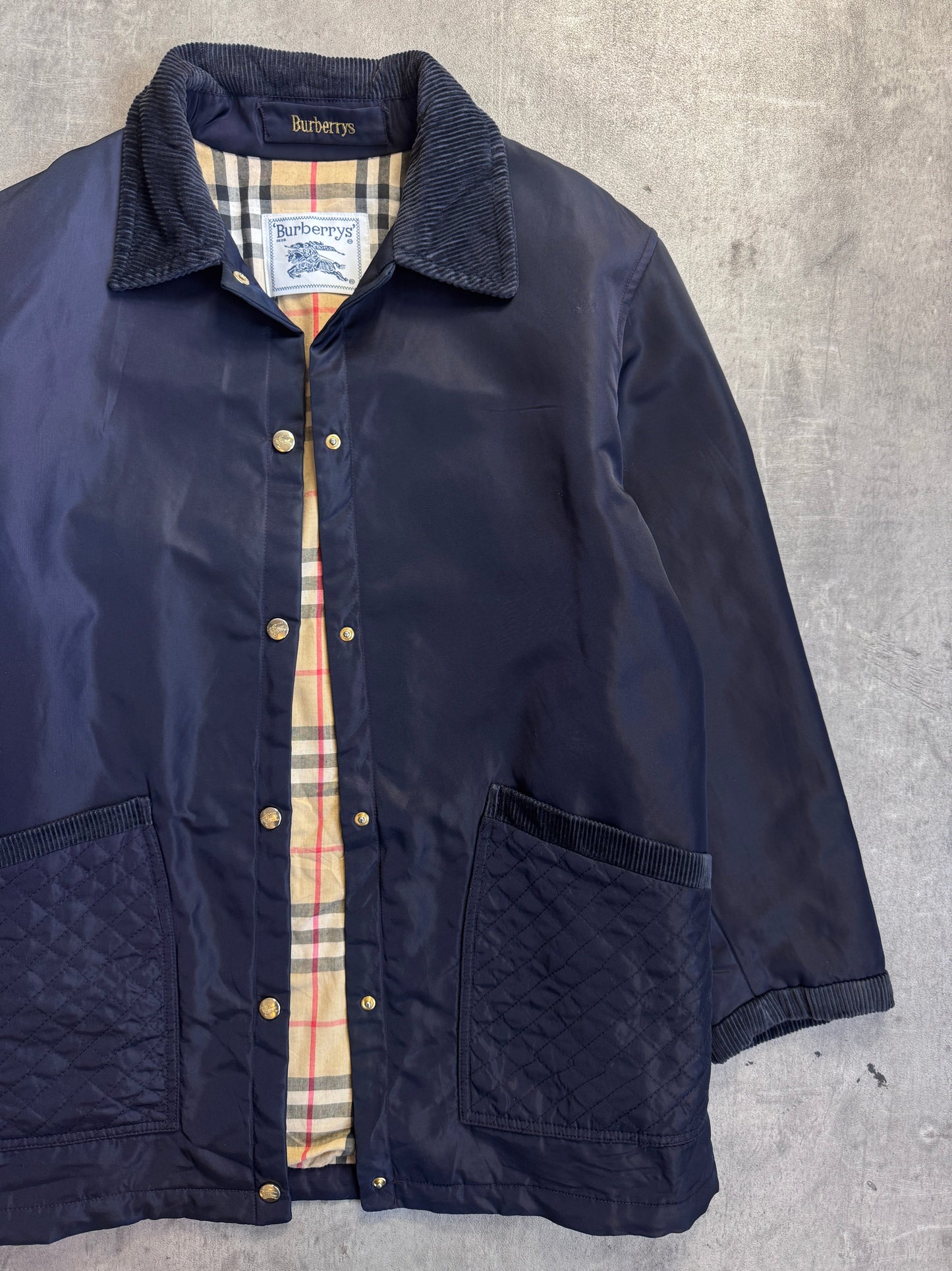 Burberry Navy Nova Check Lined Quilted Pocket Garden Jacket