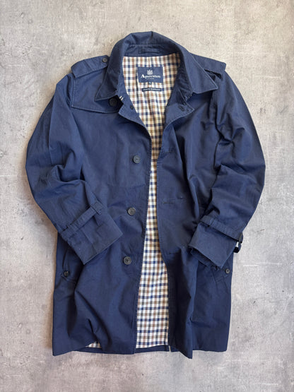 Aquascutum London Navy Gingham Lined Trench Coat