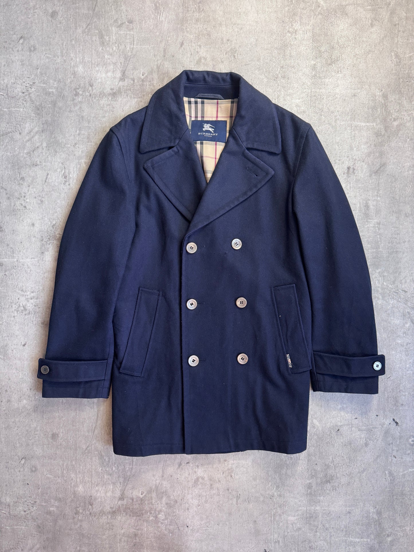 Burberry Navy Nova Check Double Breasted Pea Coat