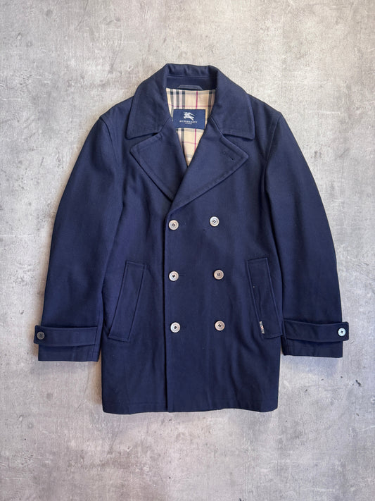 Burberry Navy Nova Check Double Breasted Pea Coat