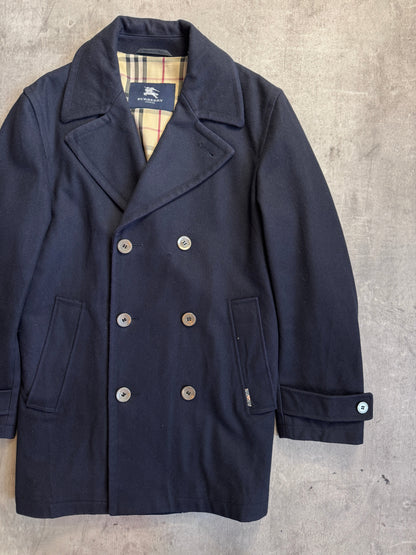 Burberry Navy Nova Check Double Breasted Pea Coat