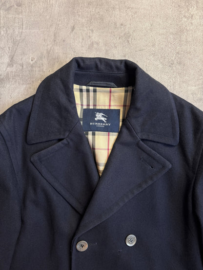 Burberry Navy Nova Check Double Breasted Pea Coat