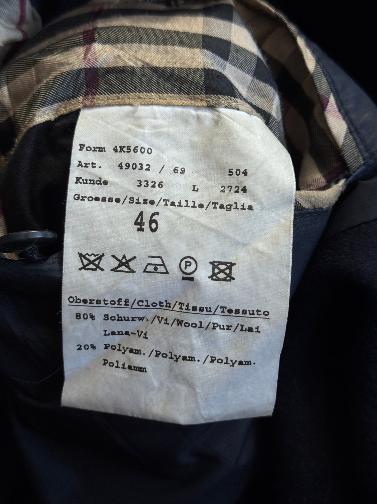 Burberry Navy Nova Check Double Breasted Pea Coat