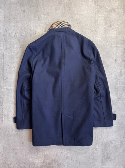 Burberry Navy Nova Check Double Breasted Pea Coat