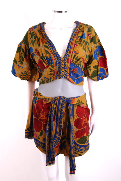 Farm Rio Floral Print Top/ Shorts Co-ord Yellow/ Blue S/M | Medium, Blue