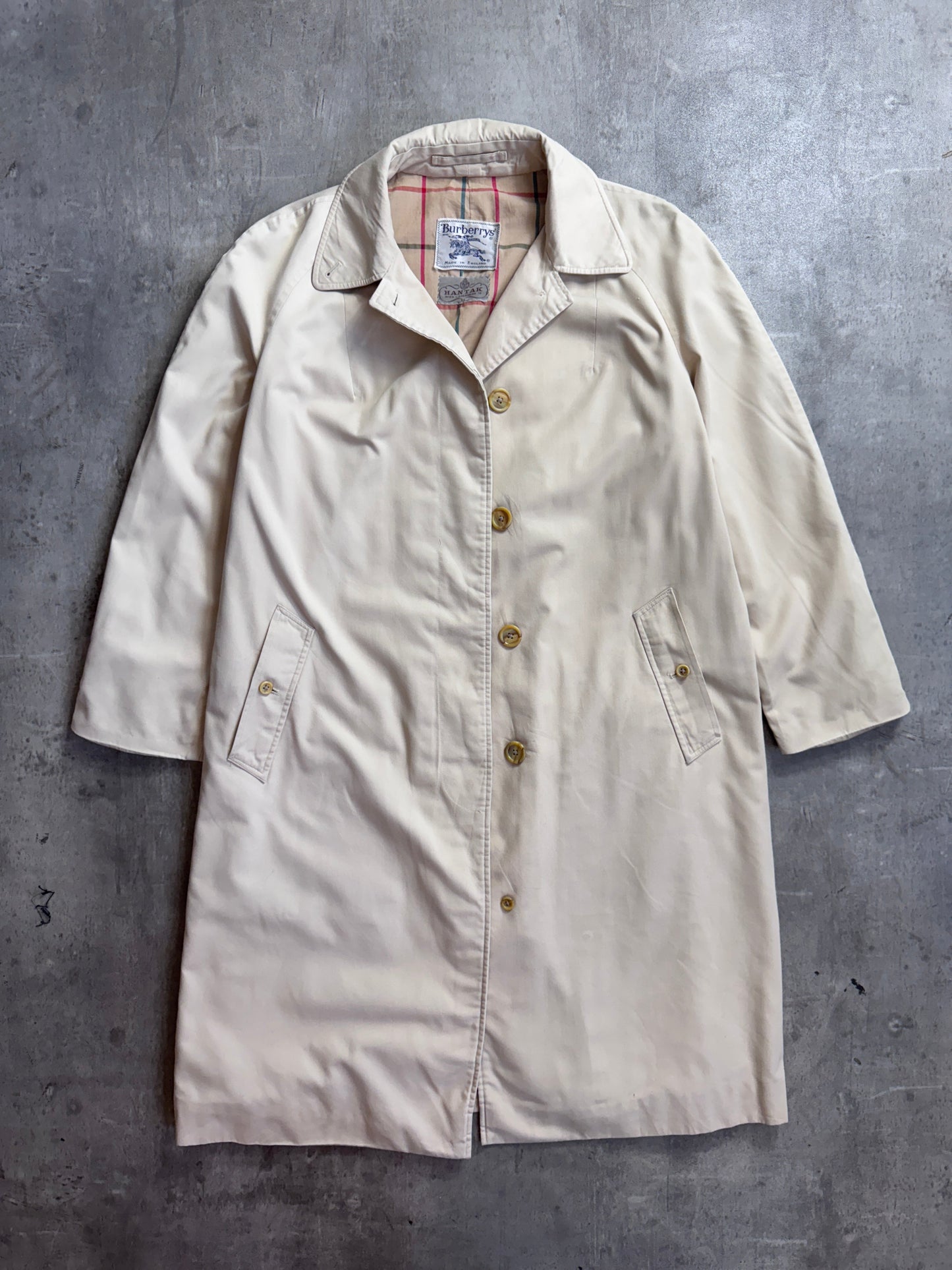 Vintage 80s Burberry Hantak Cream Tattershall Check Lined Single Breasted Trench Coat