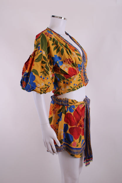 Farm Rio Floral Print Top/ Shorts Co-ord Yellow/ Blue S/M | Medium, Blue