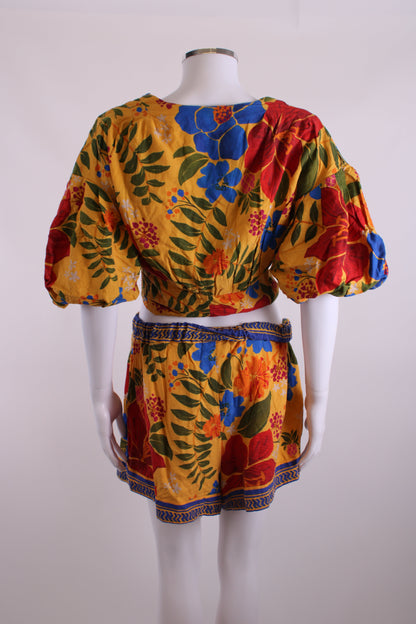 Farm Rio Floral Print Top/ Shorts Co-ord Yellow/ Blue S/M | Medium, Blue