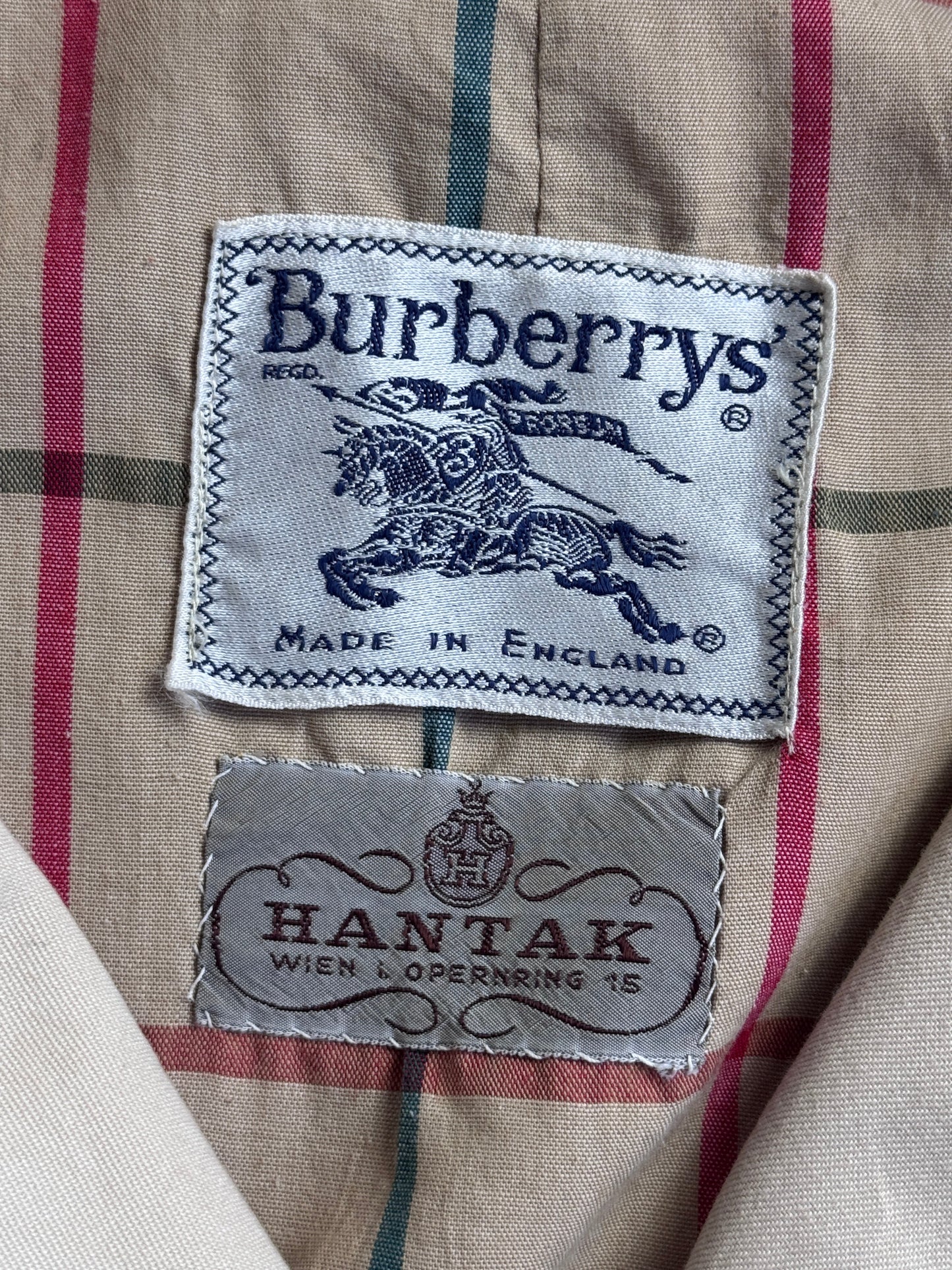 Vintage 80s Burberry Hantak Cream Tattershall Check Lined Single Breasted Trench Coat