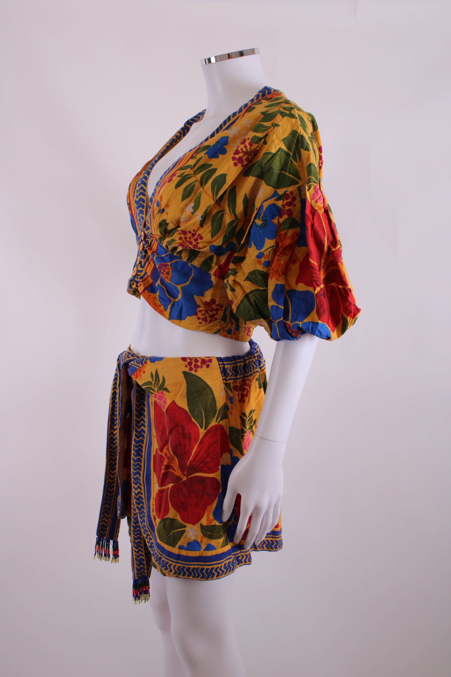 Farm Rio Floral Print Top/ Shorts Co-ord Yellow/ Blue S/M | Medium, Blue