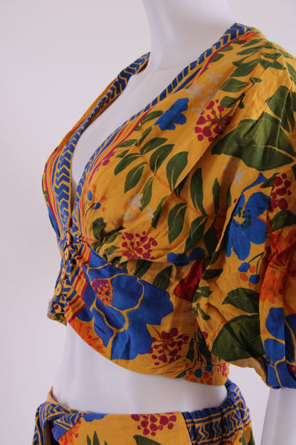 Farm Rio Floral Print Top/ Shorts Co-ord Yellow/ Blue S/M | Medium, Blue