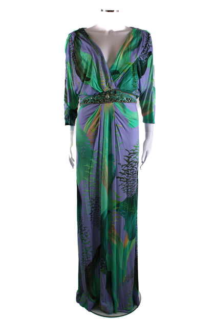 Matthew Williamson Escape S/S Bead Detail Bird Print Dress Green/ Lilac 12 | O/S, Green