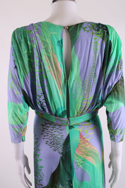 Matthew Williamson Escape S/S Bead Detail Bird Print Dress Green/ Lilac 12 | O/S, Green