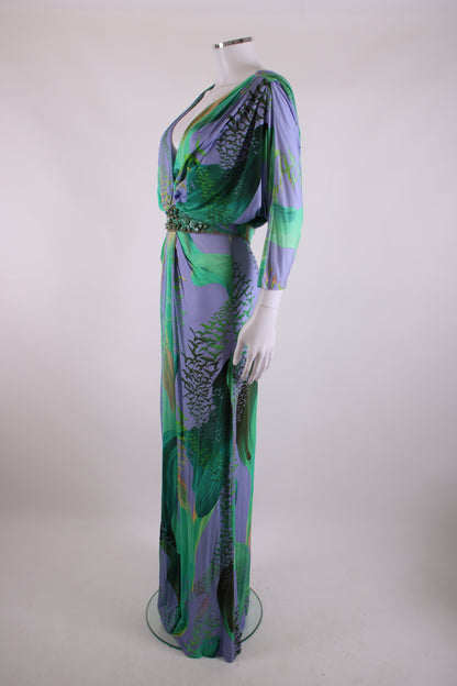 Matthew Williamson Escape S/S Bead Detail Bird Print Dress Green/ Lilac 12 | O/S, Green