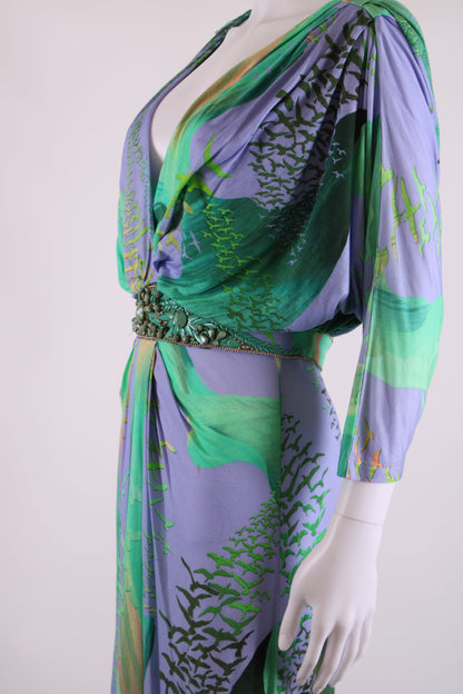 Matthew Williamson Escape S/S Bead Detail Bird Print Dress Green/ Lilac 12 | O/S, Green