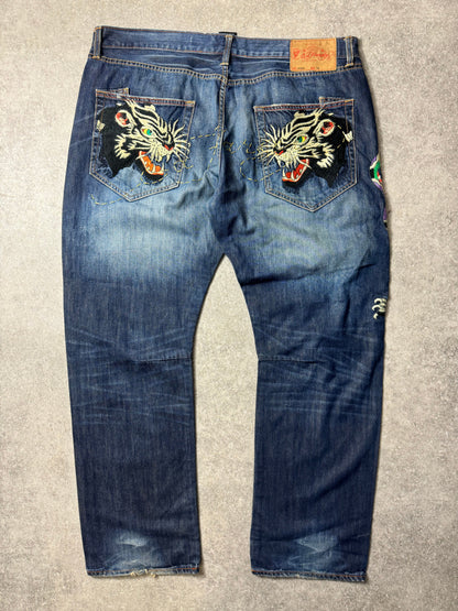 Ed Hardy Tiger Heads Embroidered Baggy Jeans