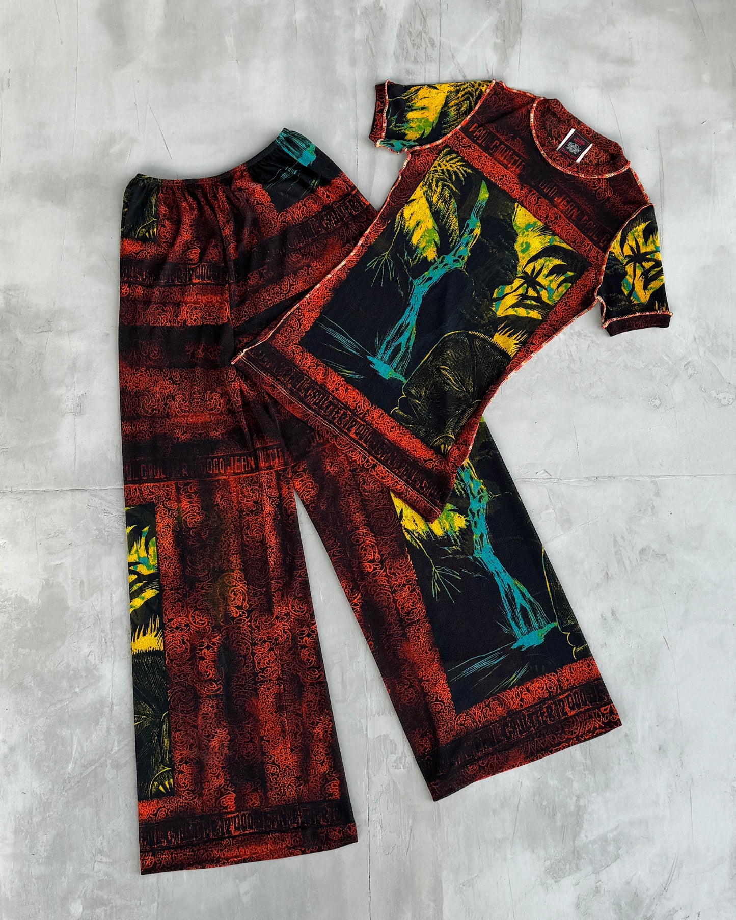 JEAN PAUL GAULTIER JPG 2000'S TROPICAL PRINT MESH TROUSER & TOP SET - S | Small, Multicoloured