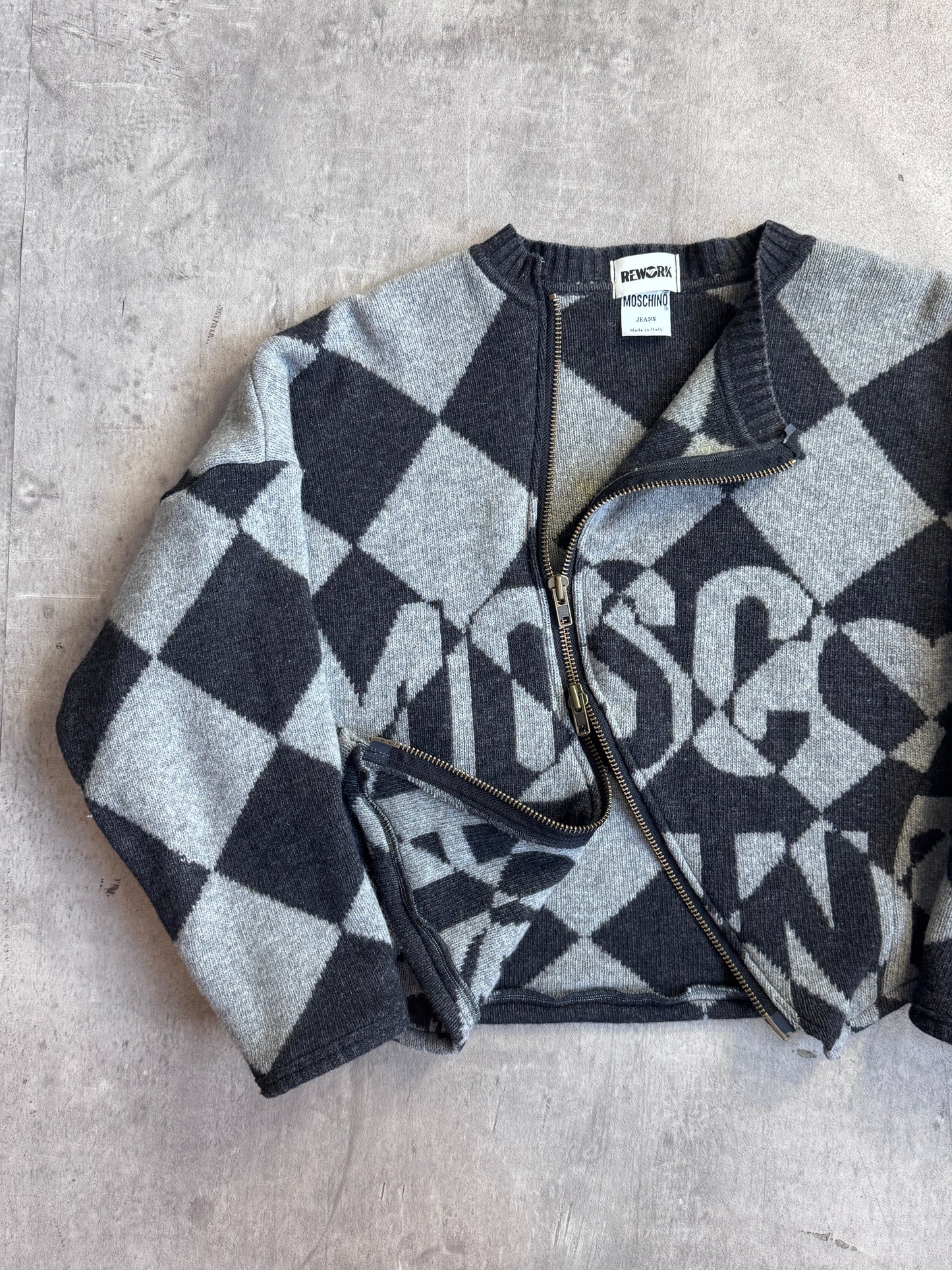 VT Rework: Moschino Jeans Asymmetric Zip Grey Wool Sweater