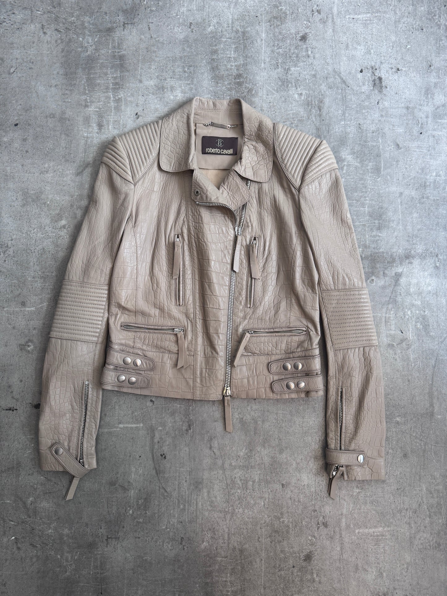 Roberto Cavalli Taupe Embossed Crocprint Leather Biker Jacket | Extra Small, Multicoloured