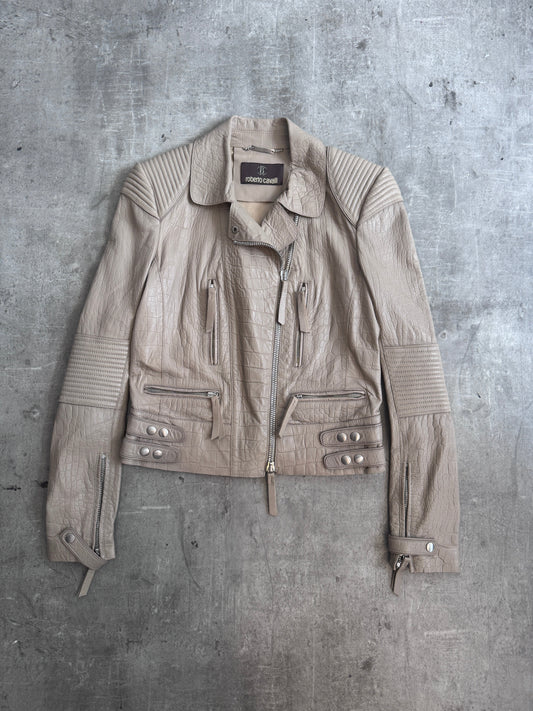 Roberto Cavalli Taupe Embossed Crocprint Leather Biker Jacket | Extra Small, Multicoloured
