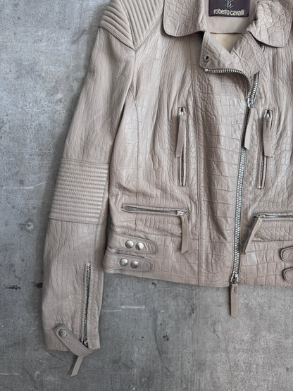Roberto Cavalli Taupe Embossed Crocprint Leather Biker Jacket | Extra Small, Multicoloured