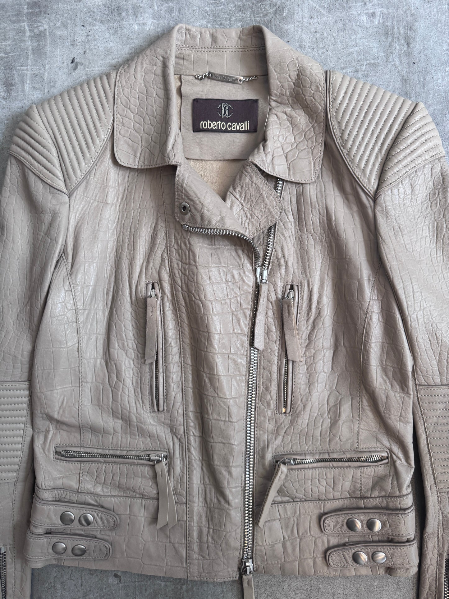 Roberto Cavalli Taupe Embossed Crocprint Leather Biker Jacket | Extra Small, Multicoloured