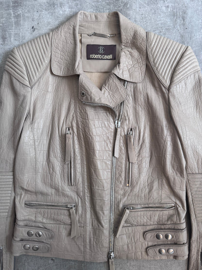 Roberto Cavalli Taupe Embossed Crocprint Leather Biker Jacket | Extra Small, Multicoloured