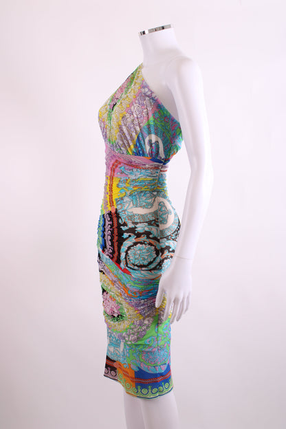 Versace Print One Shoulder Ruche Mini Dress Multi 38 | O/S, Multi