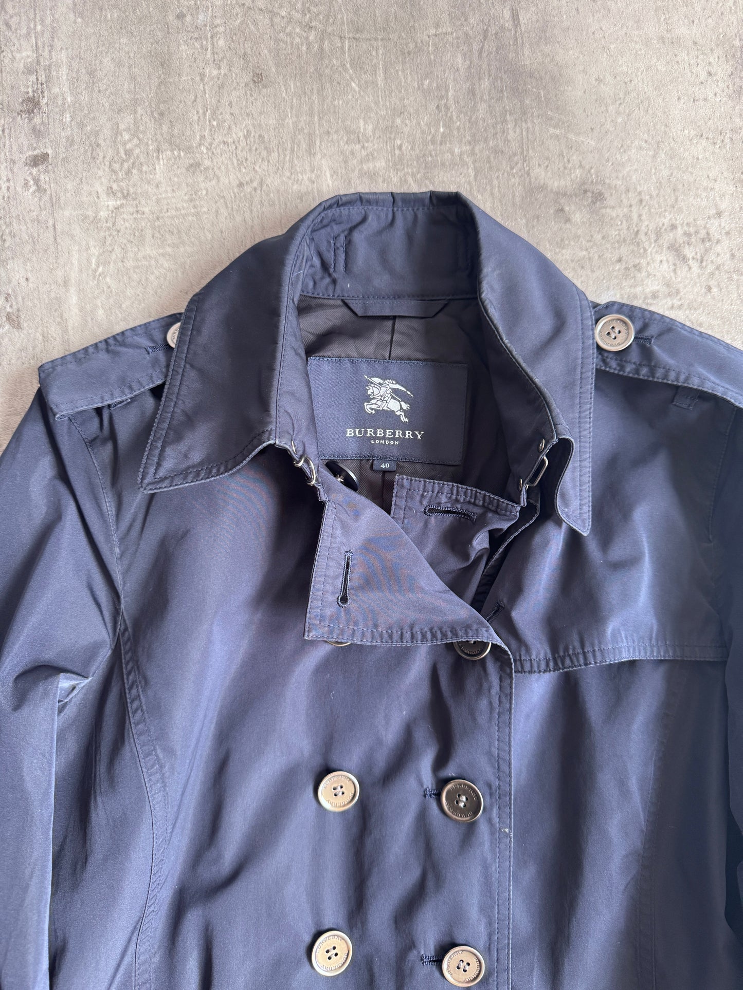 Burberry Double Breasted Navy Nylon Trench Coat