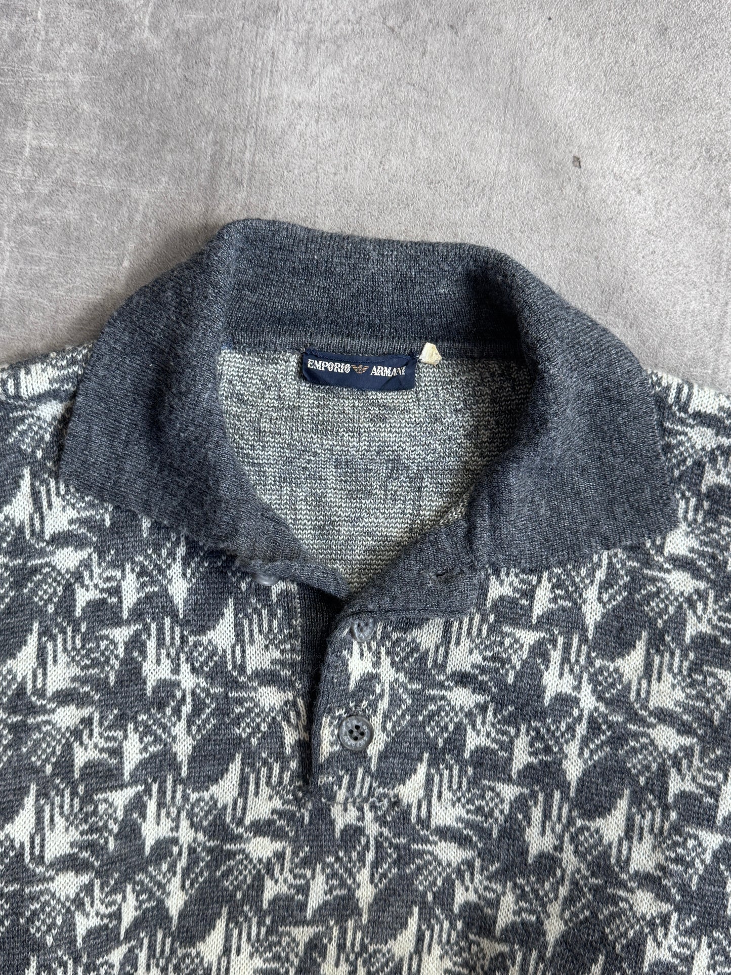 1980s Emporio Armani Grey Knit Graphic Print L/S Polo