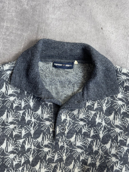 1980s Emporio Armani Grey Knit Graphic Print L/S Polo