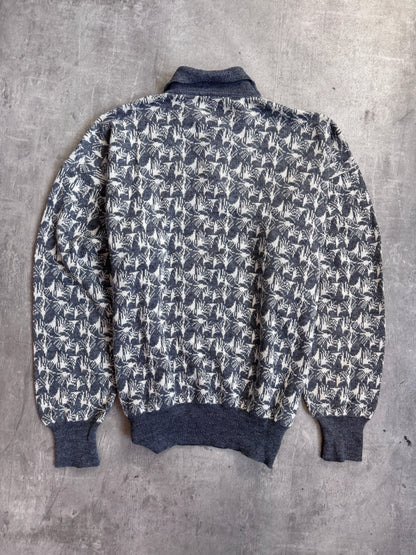 1980s Emporio Armani Grey Knit Graphic Print L/S Polo