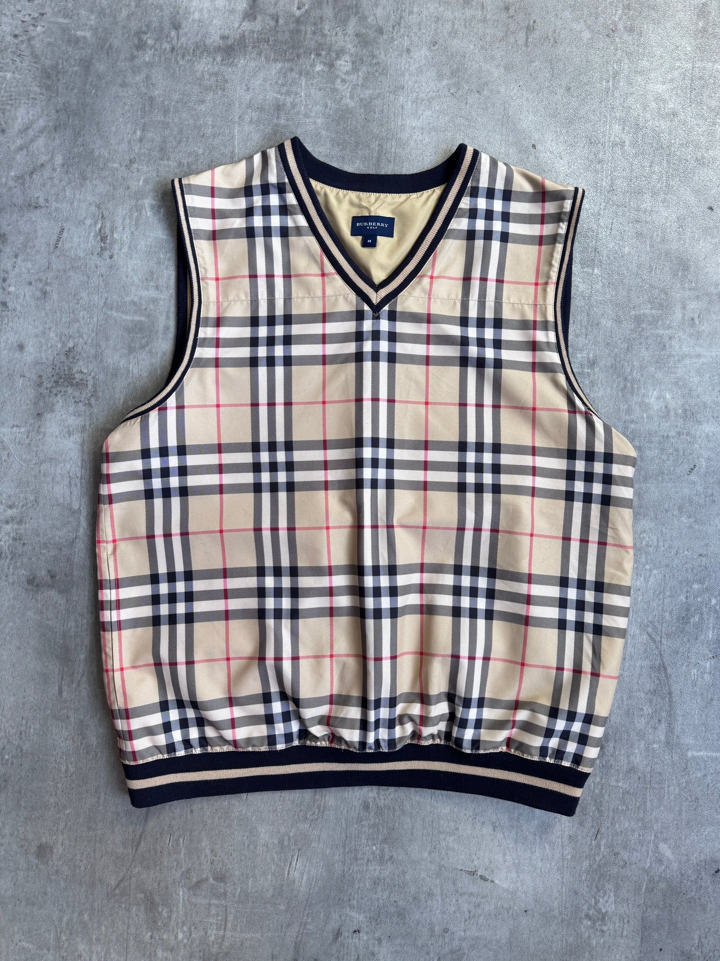 Burberry Golf Beige Poly Nova Check Rib Knit Detailed Sweater Vest