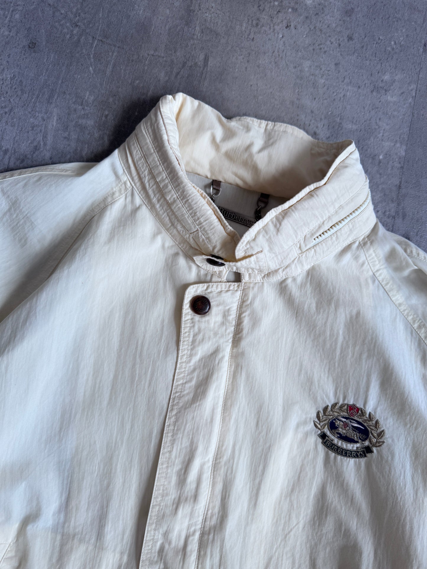 Burberry Logo Embroidered Cream Hooded Bomber Jacket