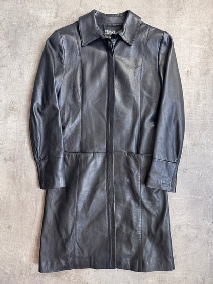 Versace Jeans Black Leather Button Down Midi Leather Coat