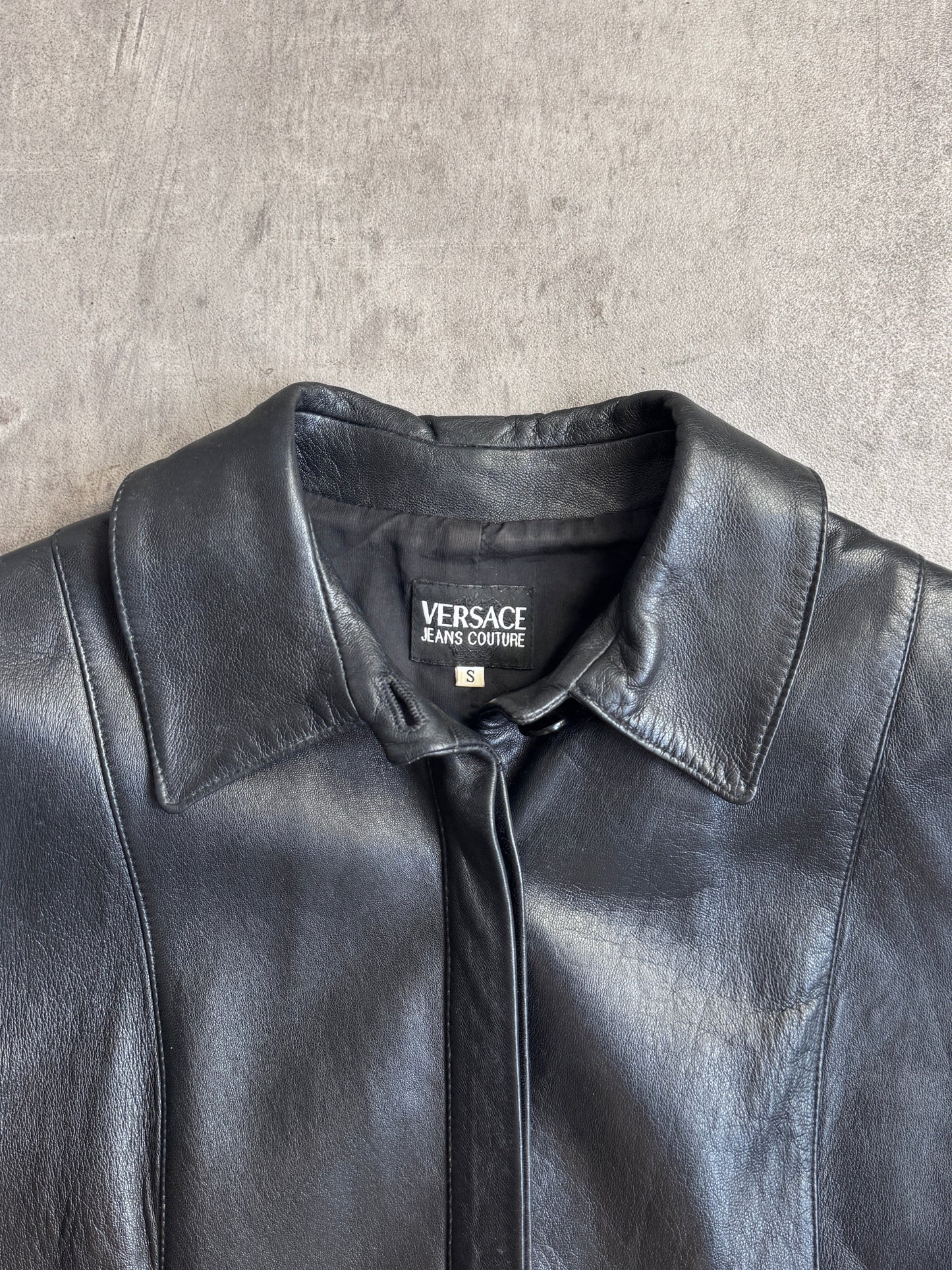 Versace Jeans Black Leather Button Down Midi Leather Coat