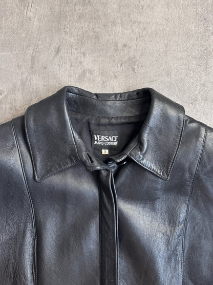 Versace Jeans Black Leather Button Down Midi Leather Coat