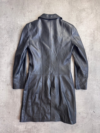 Versace Jeans Black Leather Button Down Midi Leather Coat