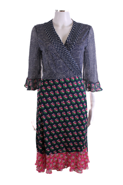 Diane Von Furstenberg S/S Dot/ Flower Print Wrap Dress Navy/ White 14 | O/S, Navy