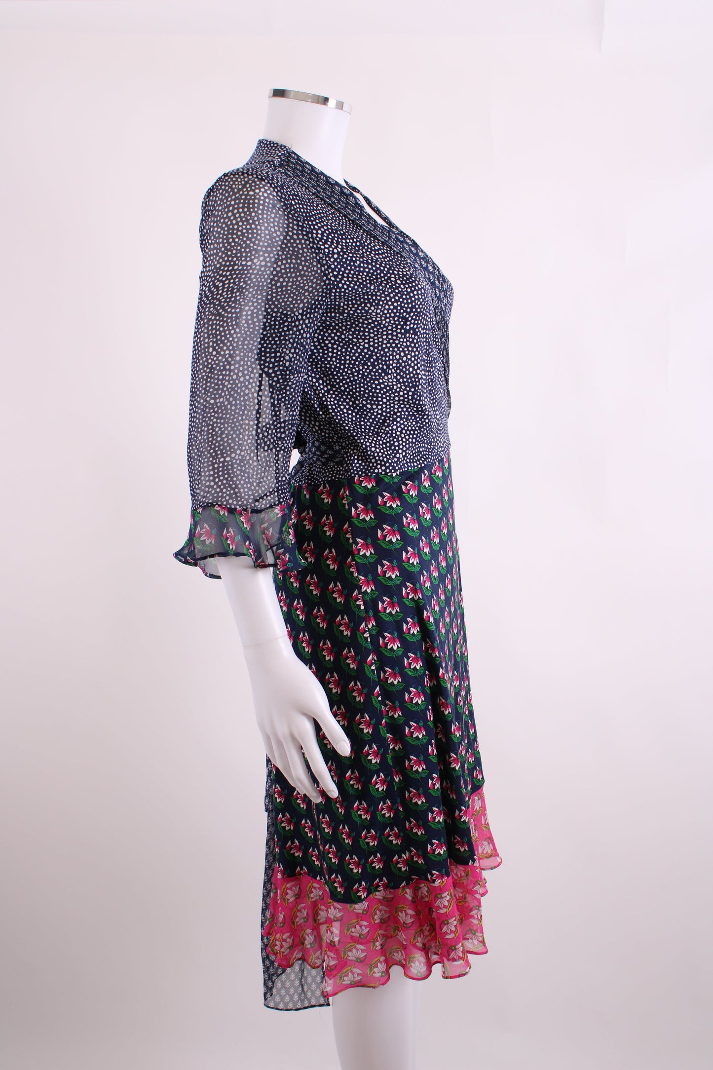 Diane Von Furstenberg S/S Dot/ Flower Print Wrap Dress Navy/ White 14 | O/S, Navy